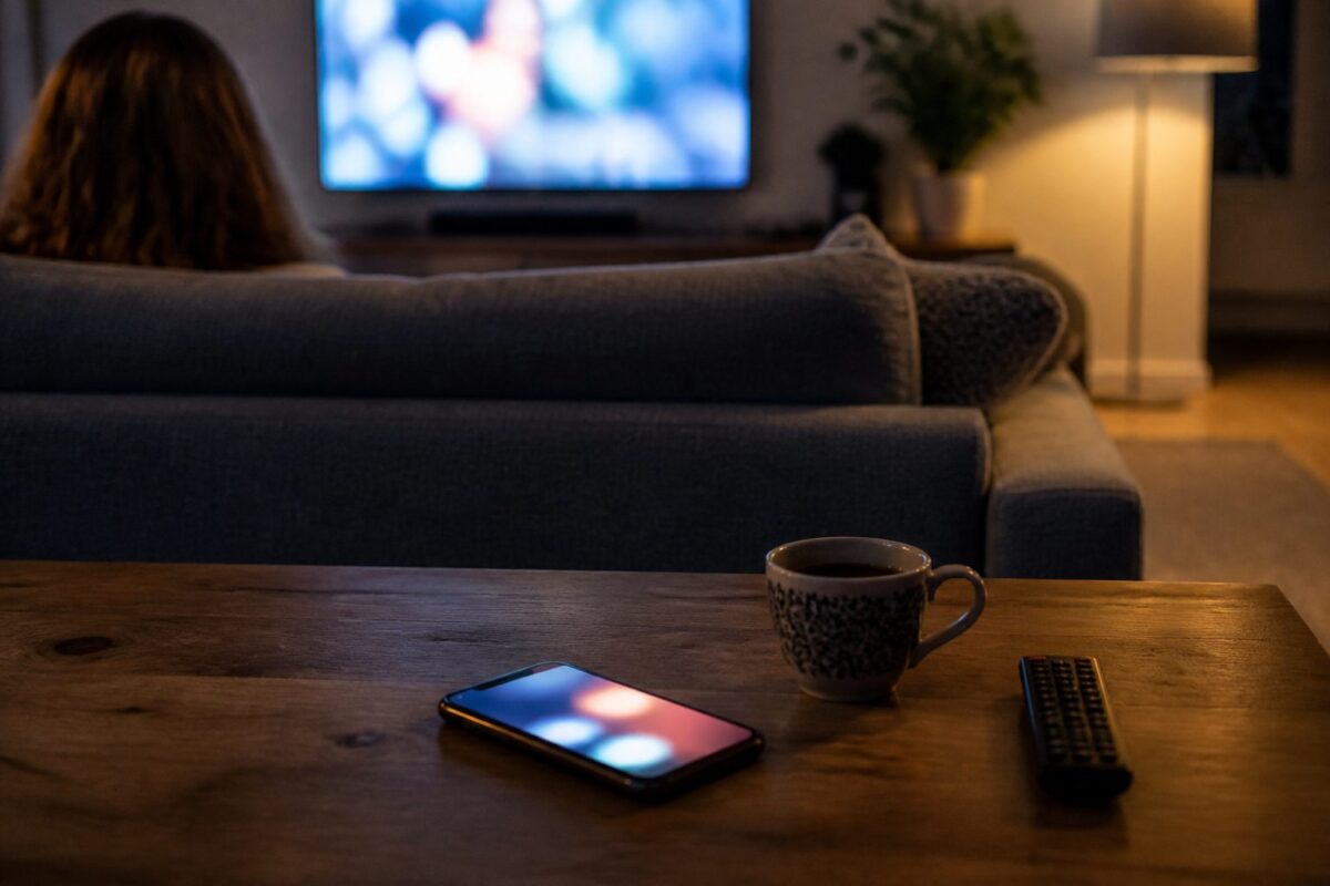 Tv i ett kvällsmörkt vardagsrum och en mobiltelefon på soffbordet