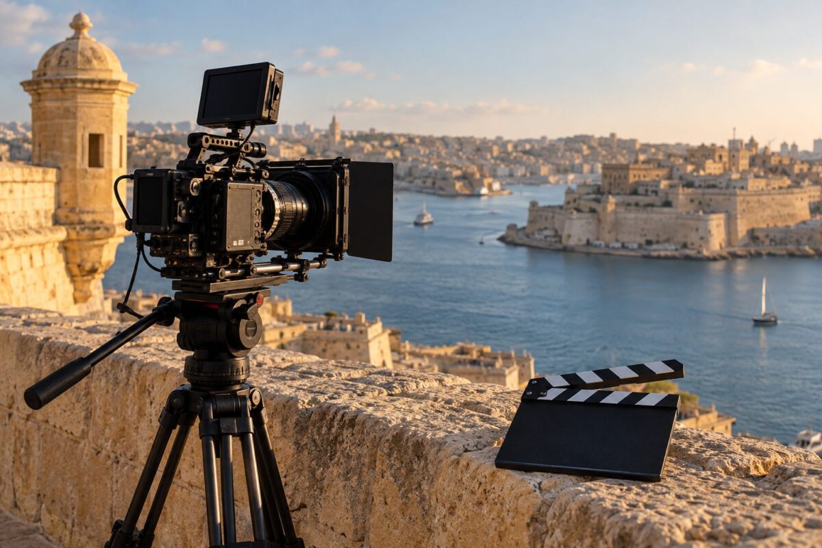 Filmkamera på en fästningsmur vid Grand Harbour på Malta